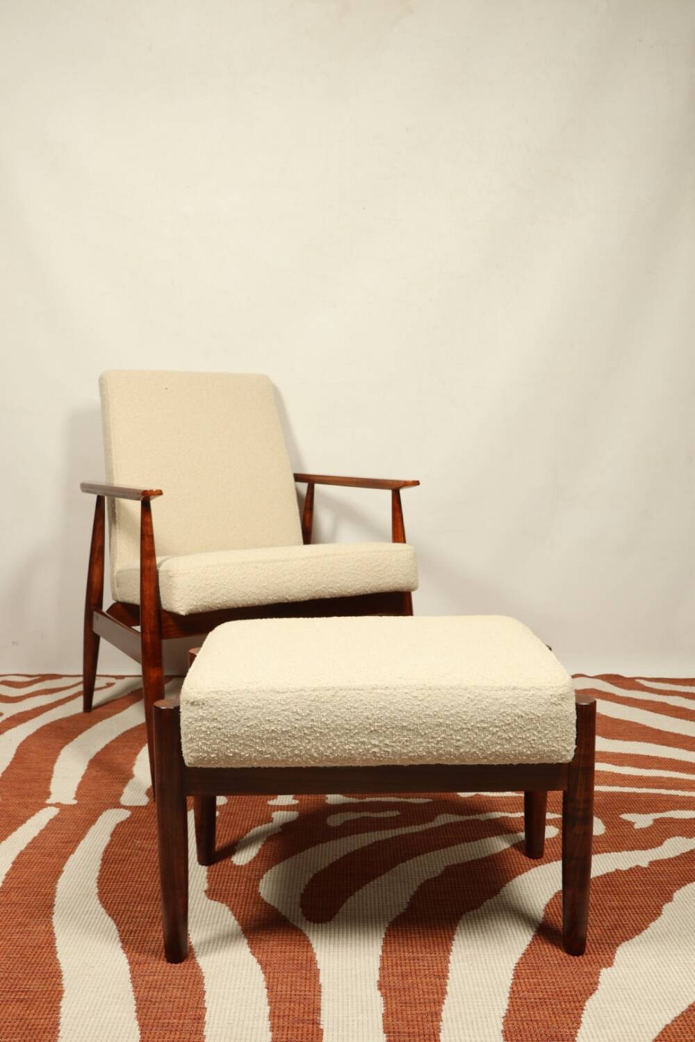 Scandinavian armchair and foot rest beige boucle design by H.lis
