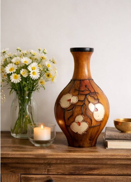 Large Artisan Vase "Nature Spirit" – Relief Floral Decoration (31cm)