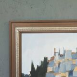 Peinture à l’huile de scène de rue de paysage urbain suédois vintage moderne du milieu du siècle « City Stroll », encadrée