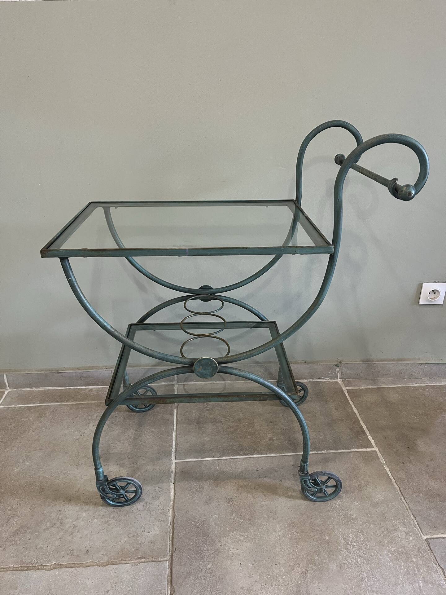 Patinated green-grey wrought iron dessert table