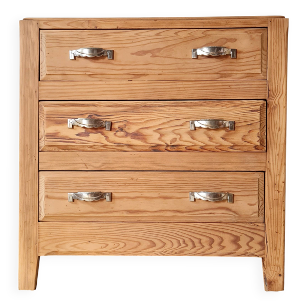 Commode ancienne en pin massif, 3 tiroirs, bois brut