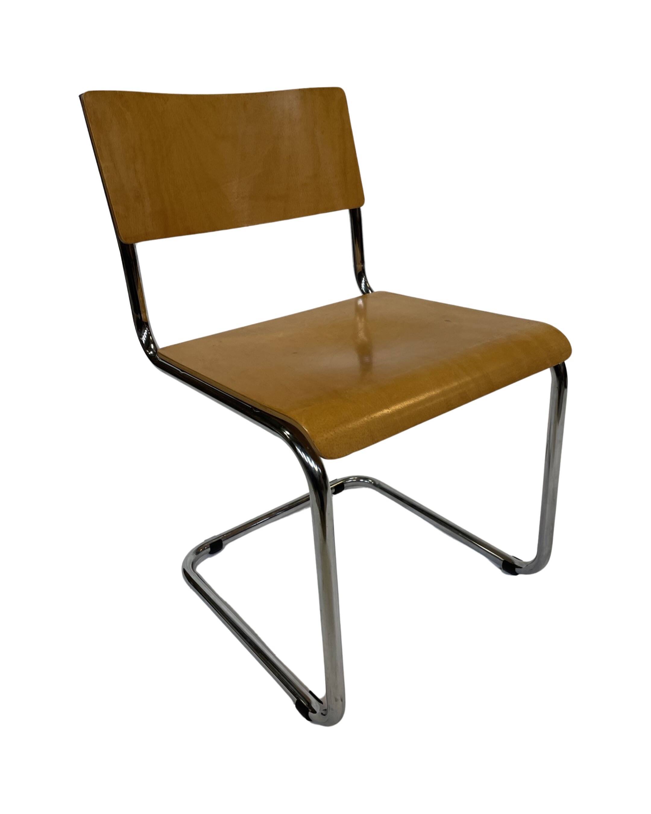 Set of four vintage dining room chairs, wood and chrome,  1970s