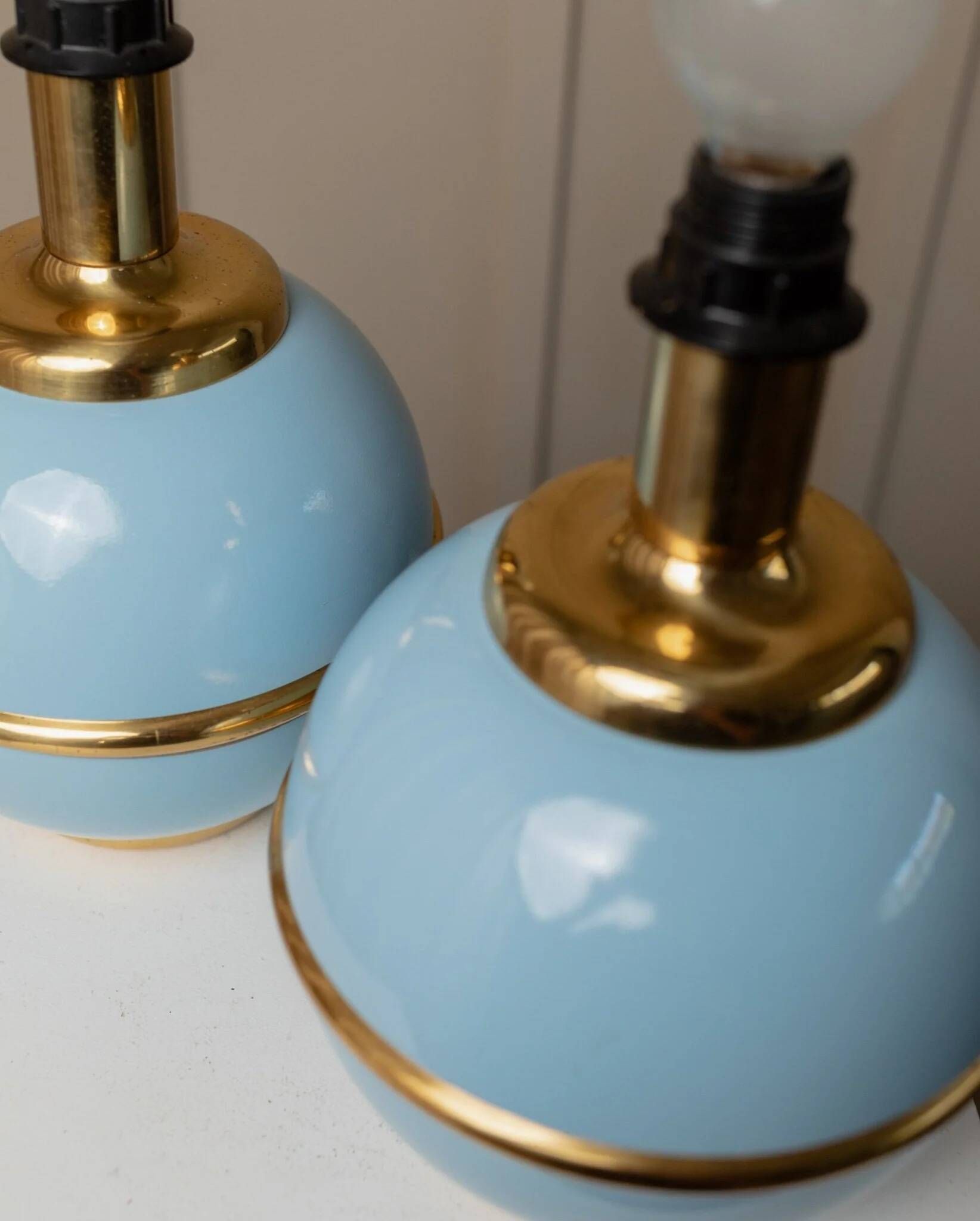 Set of 2 Light-Blue Ceramic Table Lamps with Gold Trim Italy 1980s Hollywood Regency Style