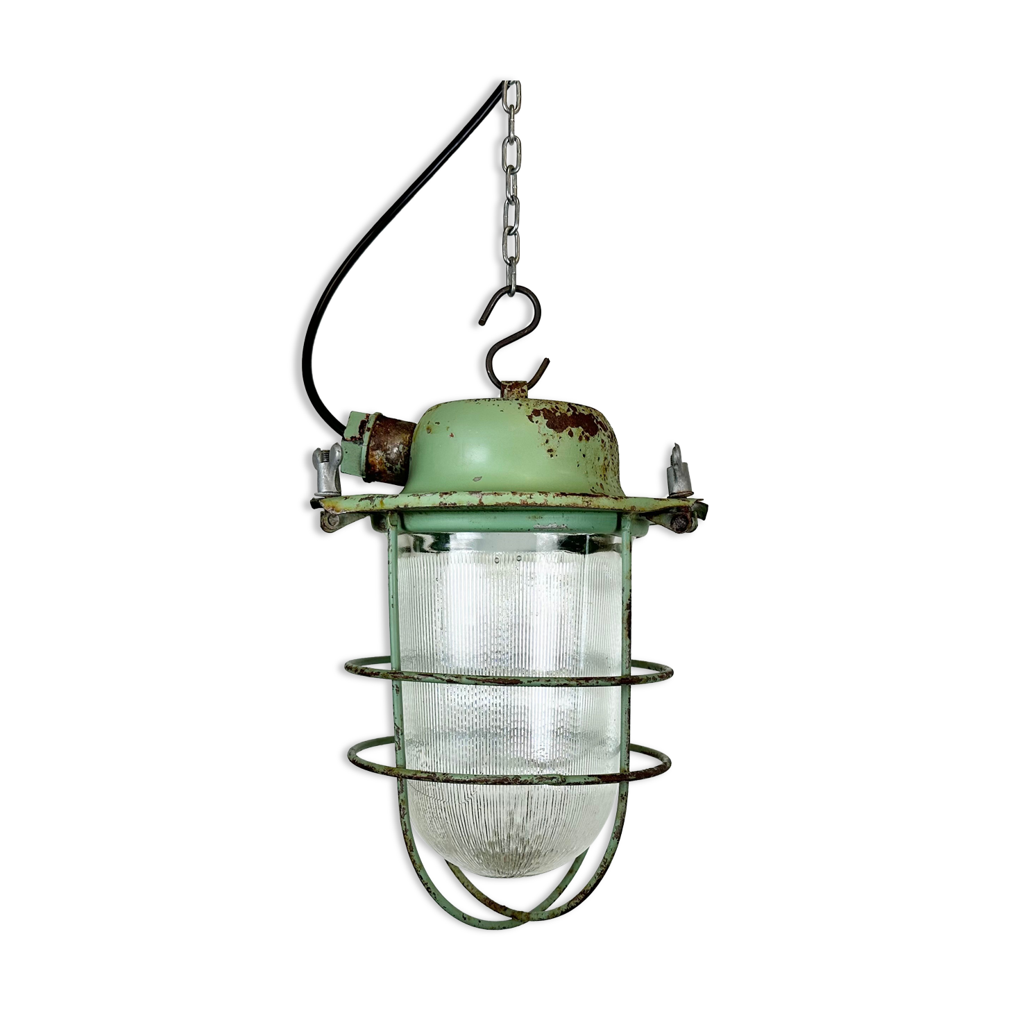 Green Industrial Soviet Bunker Pendant Light with Iron Grid, 1960s