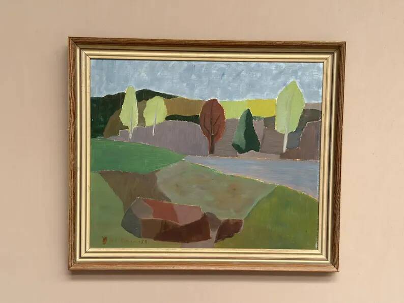 Original Swedish Oil on Panel – “Trees and Fields” by Carl‑Einar Andersson (1925–1975) – 1959 – Vintage & Framed – 53 × 44.5cm (20.9"×17.5")