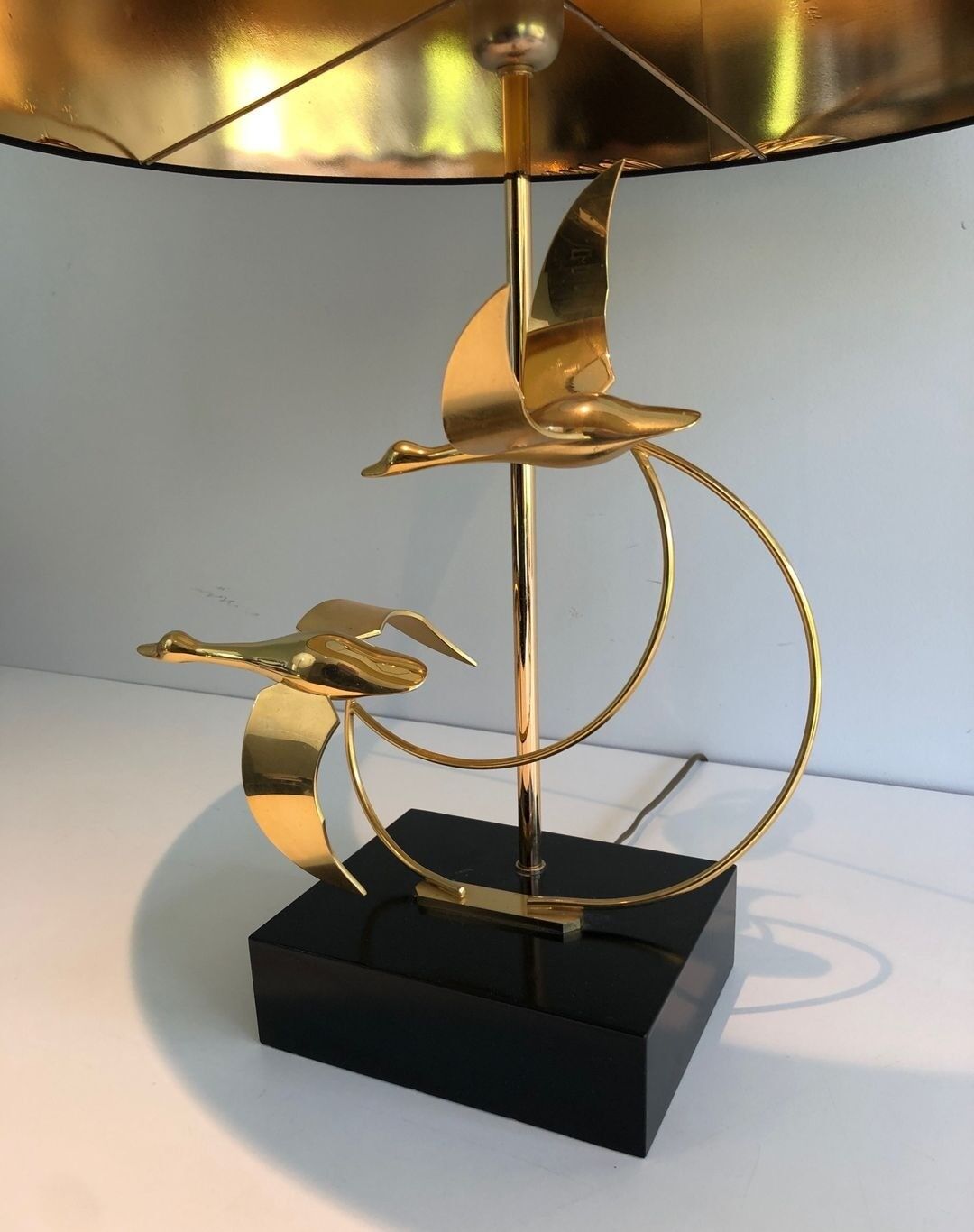 Brass Table Lamp with Wild Goose Flight, French Work, circa 1970
