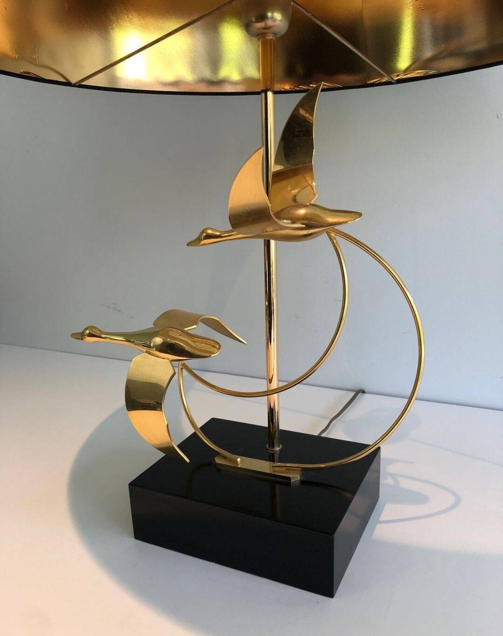 Brass Table Lamp with Wild Goose Flight, French Work, circa 1970
