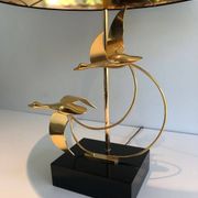 Brass Table Lamp with Wild Goose Flight, French Work, circa 1970