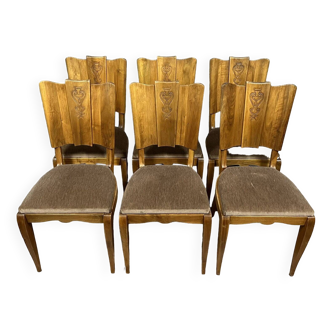Série de 6 chaises époque Art Déco en noyer a dossiers éventail circa 1930