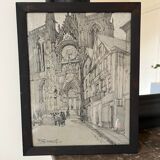 Original drawing of Rouen Cathedral in pencil by Auguste Drouot