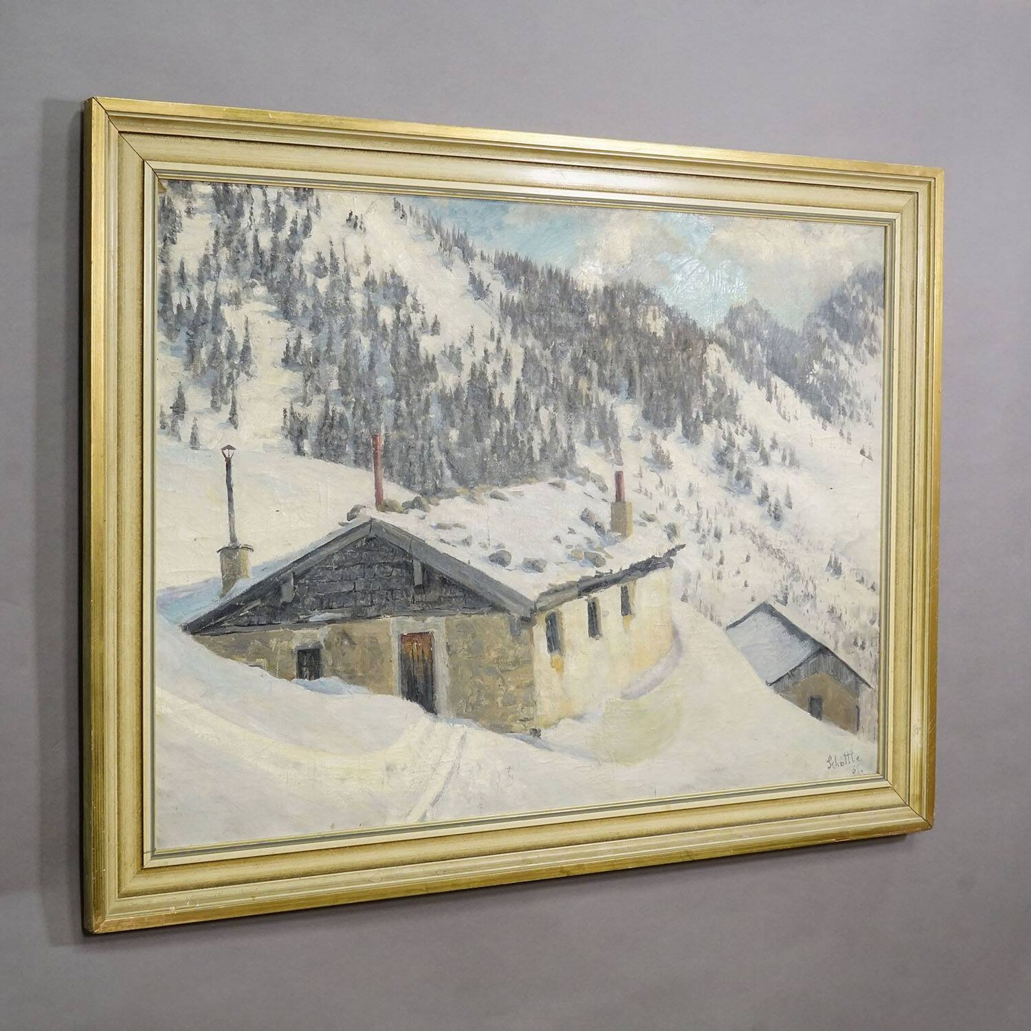 Peinture impressionniste d'une cabane alpine en hiver