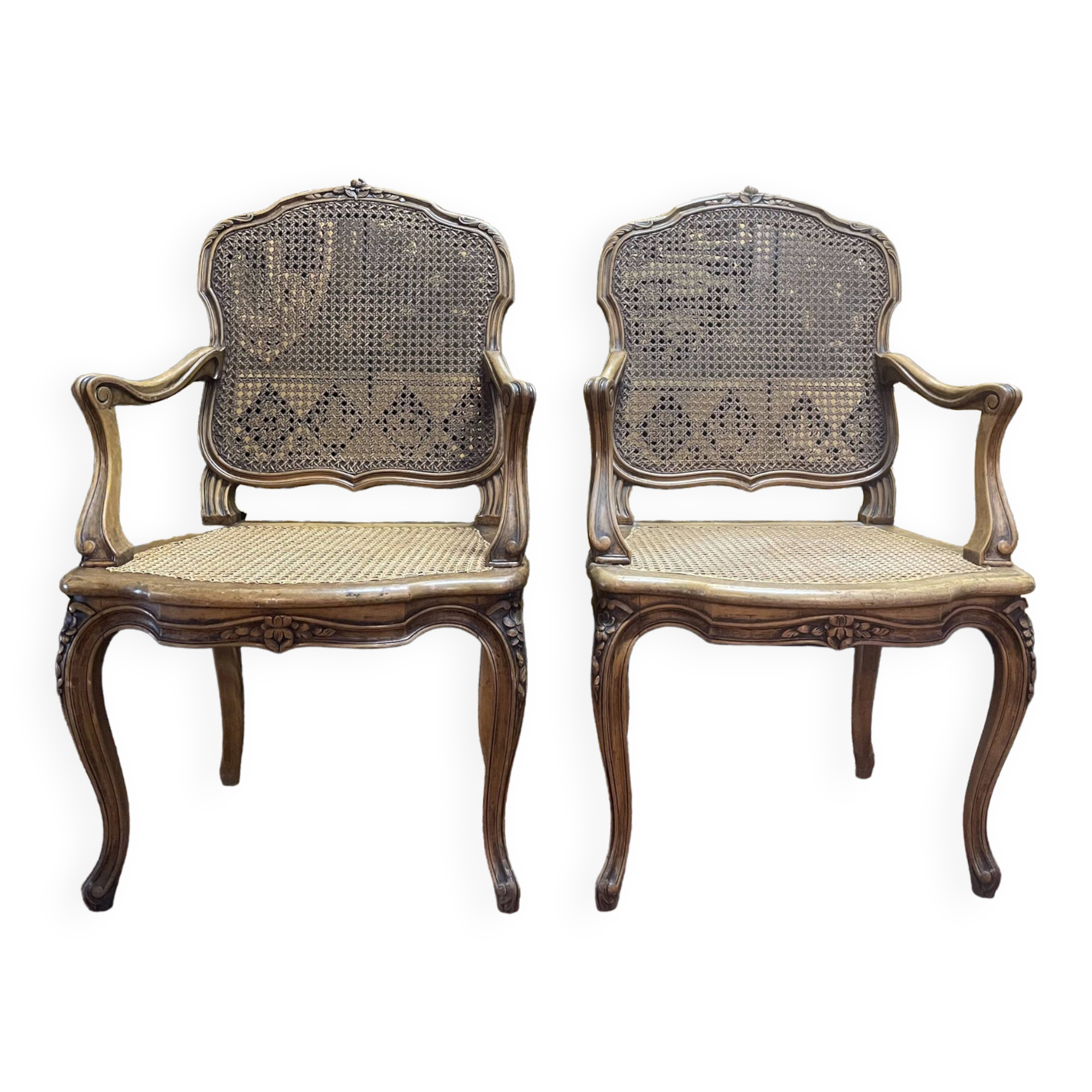 Pair of Louis XV style armchairs in canework