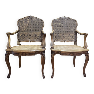 Pair of Louis XV style armchairs in canework