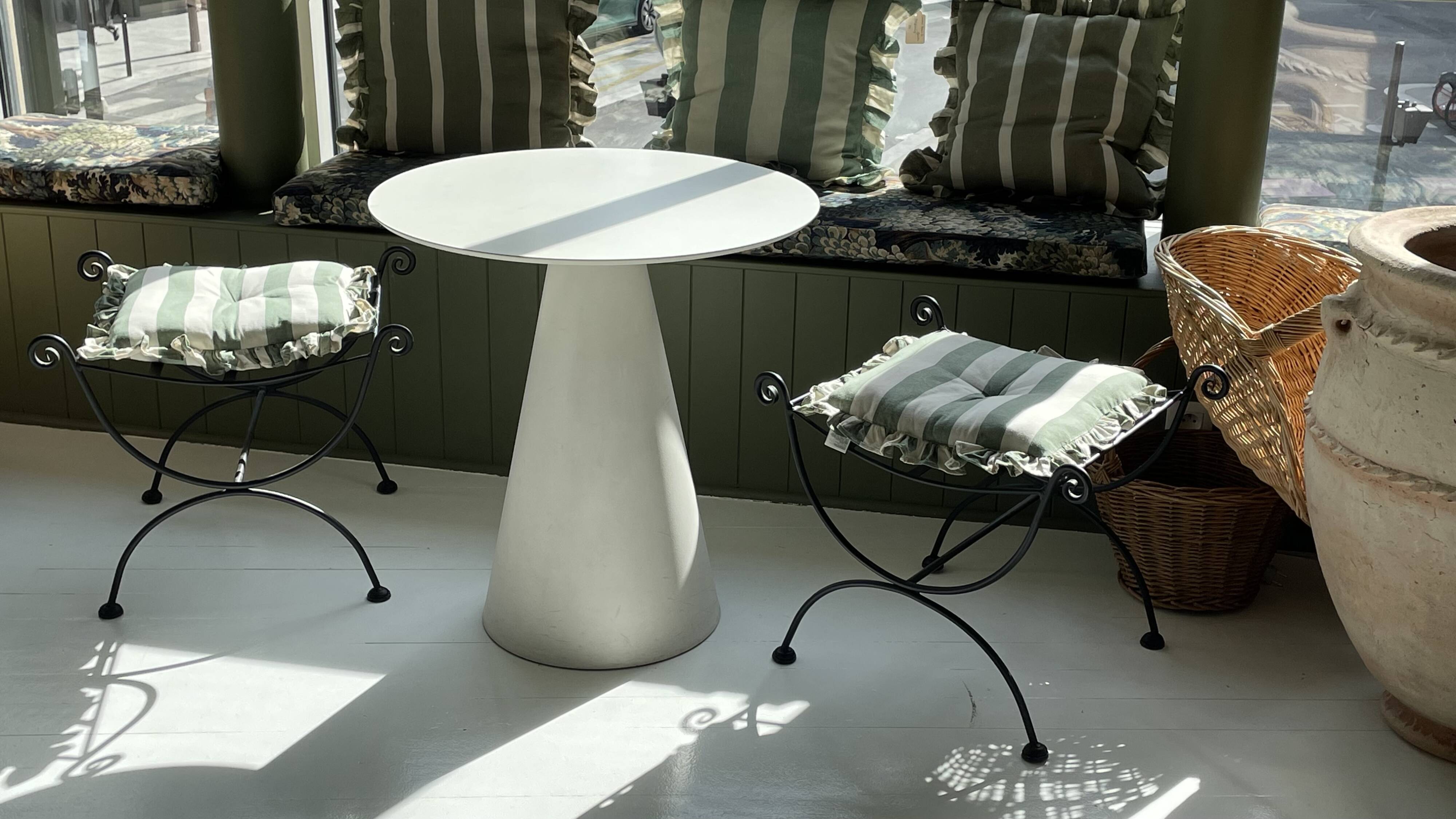 pair of wrought iron stools with cushions