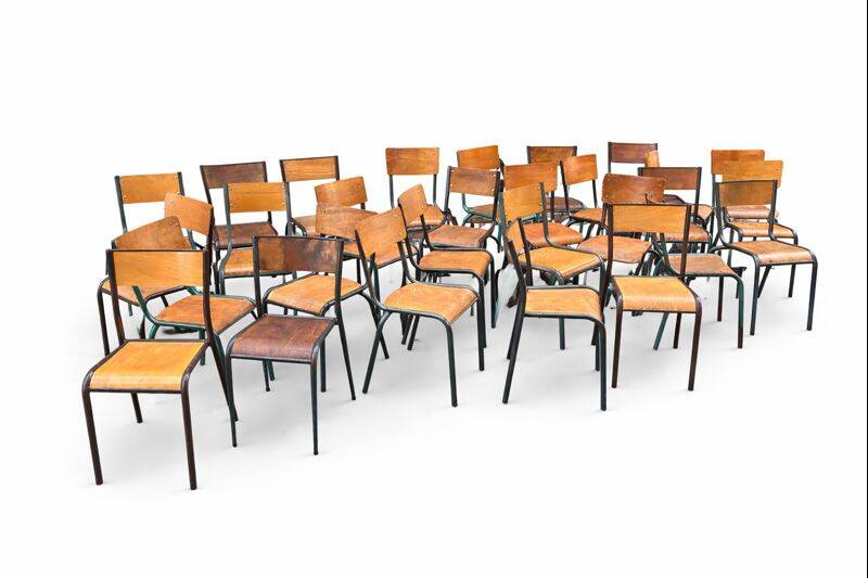30 mismatched vintage industrial school chairs MULLCA tube & wood
