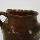 Glazed terracotta pottery with 2 handles brown yellow green. italian pottery. year 50