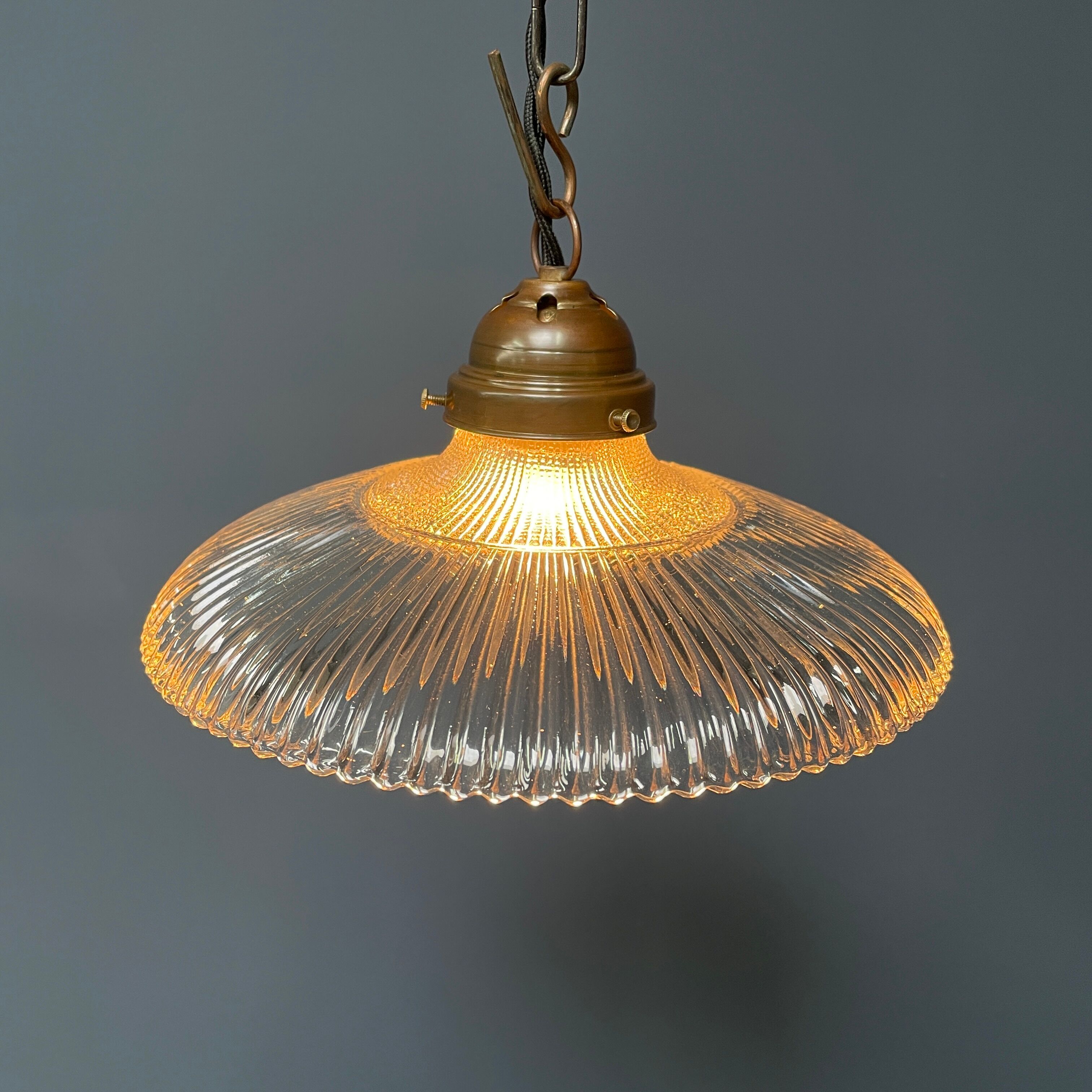 Glass holophane hangingor pendant lamp with brass gallery