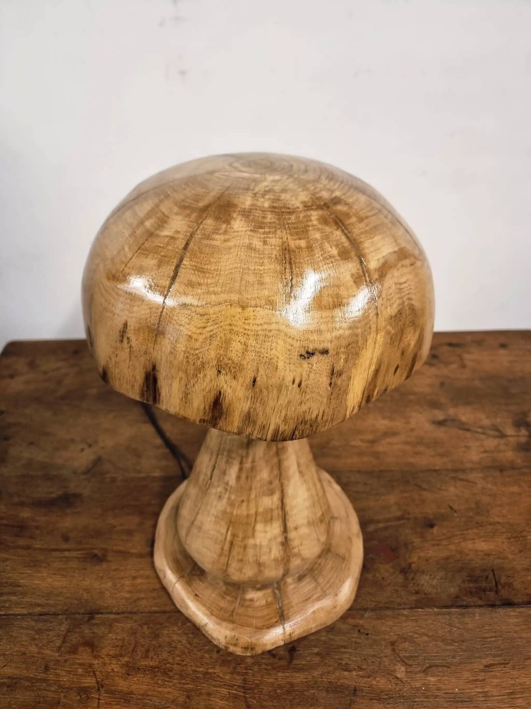 Hand-carved oak table lamp in the shape of a mushroom