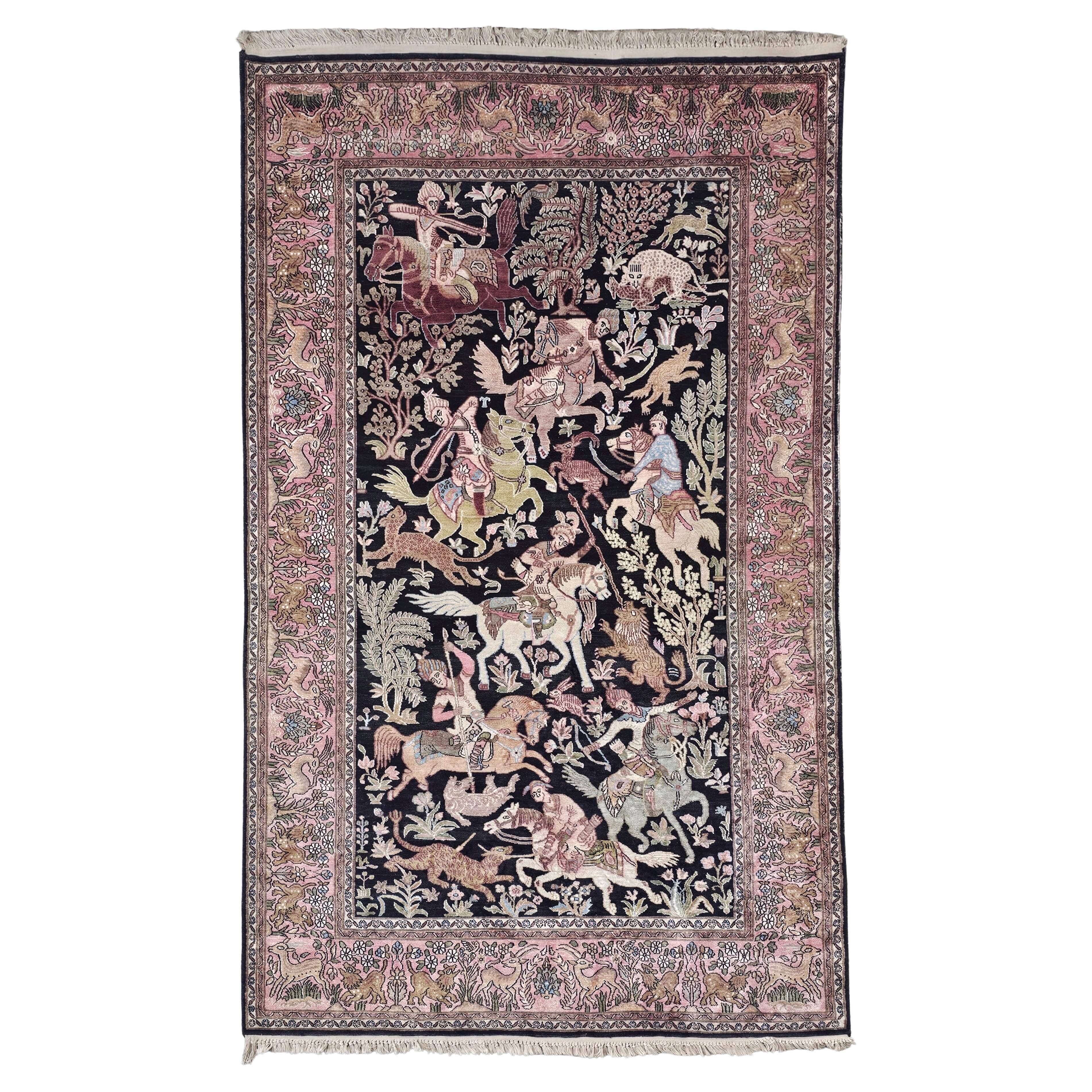 Tapis en soie Qom (soie sur coton) scène de chasse Cachemire 1950s