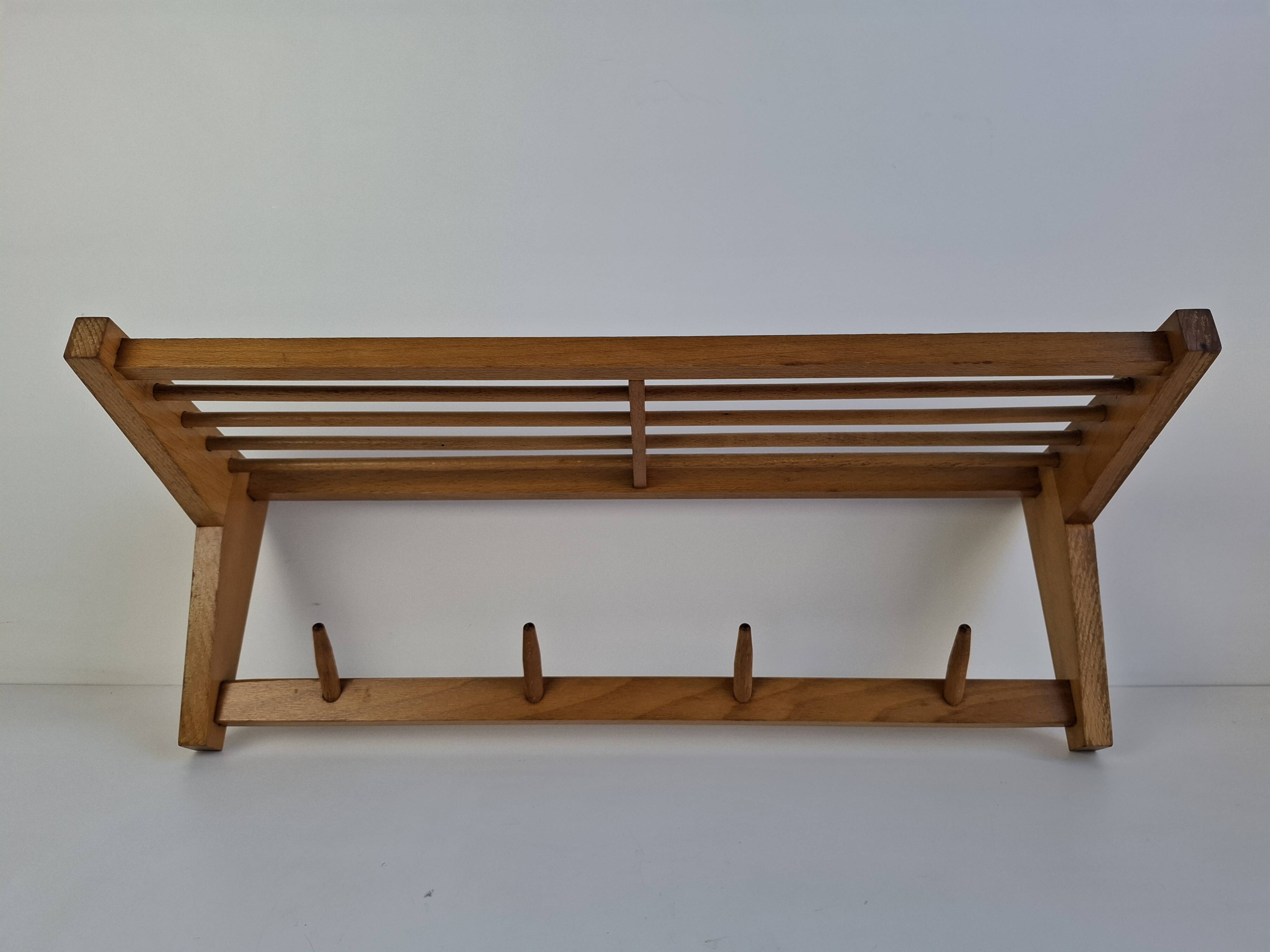 Mid-century Czechoslovak wooden wall coat rack with shelf, Uluv, 1970s
