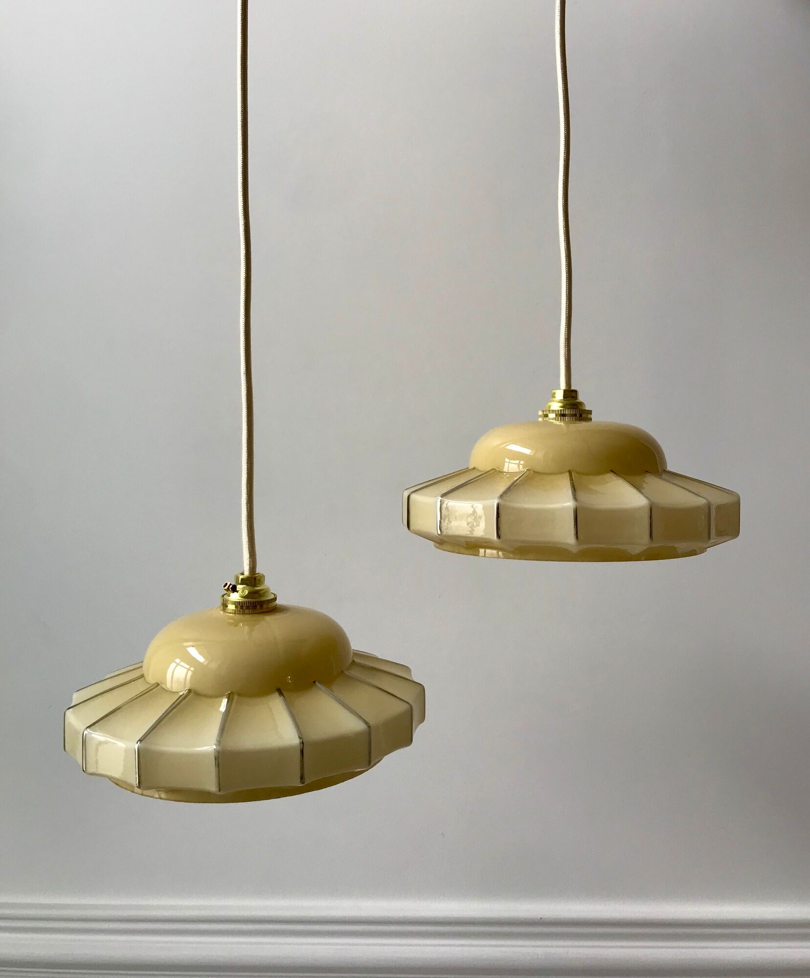 Pair of suspensions in opaline glass cream and silver border art deco 30s