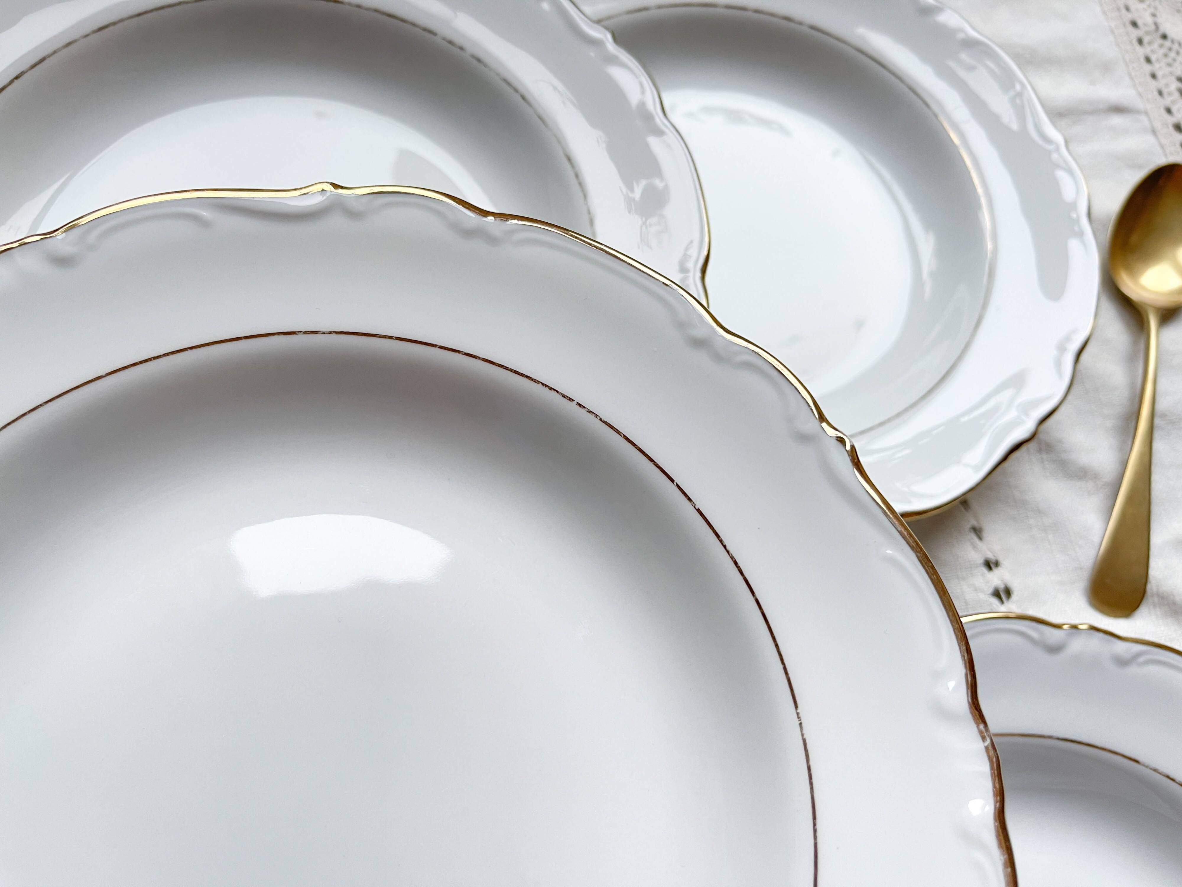 7 French Winterling BAVARIA white and gold porcelain soup plates