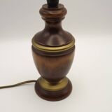 French Mid-Century Round Turned Wood Table Lamp with Hide Skin Shade