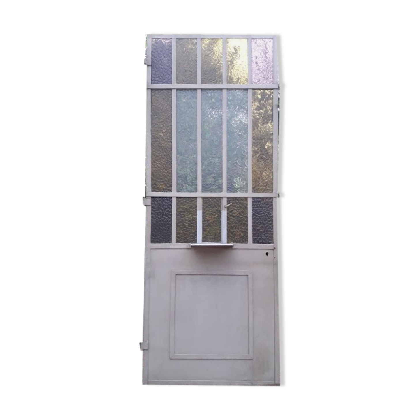 Workshop door 258.4x98.5cm in iron and colored cathedral glass