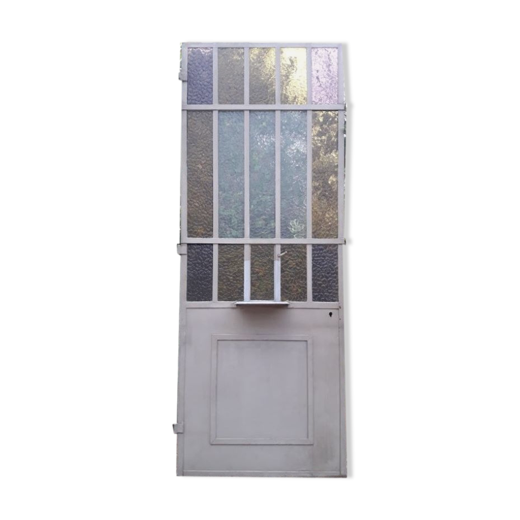 Porte d'atelier 258,4x98,5cm en fer et verres cathédrales colorés | Selency