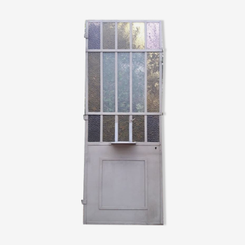 Porte d'atelier 258,4x98,5cm en fer et verres cathédrales colorés