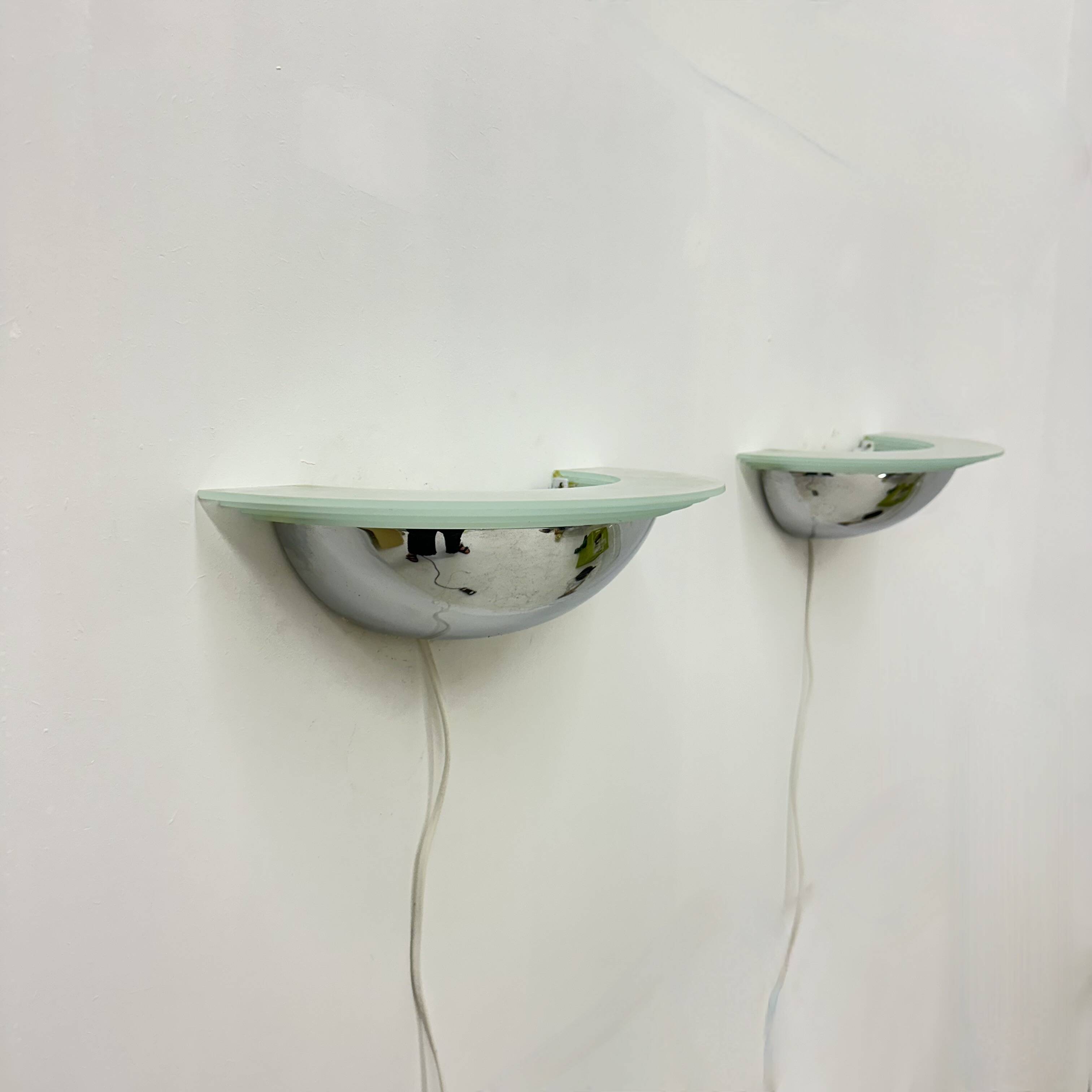 Pair of post modern wall lamps chrome and glass , 1980s