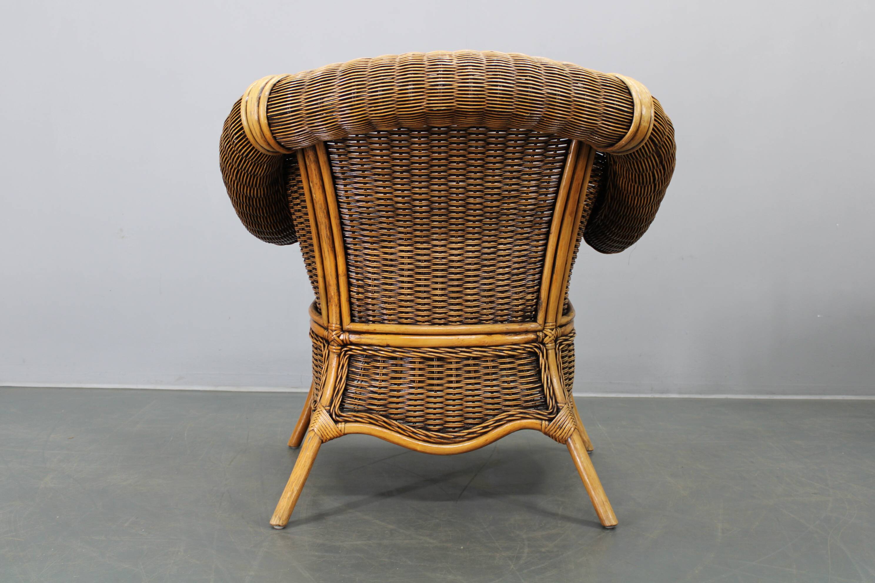 Vintage organic rattan armchair and round coffee table set, 1980s-1990s