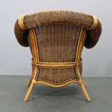 Vintage organic rattan armchair and round coffee table set, 1980s-1990s