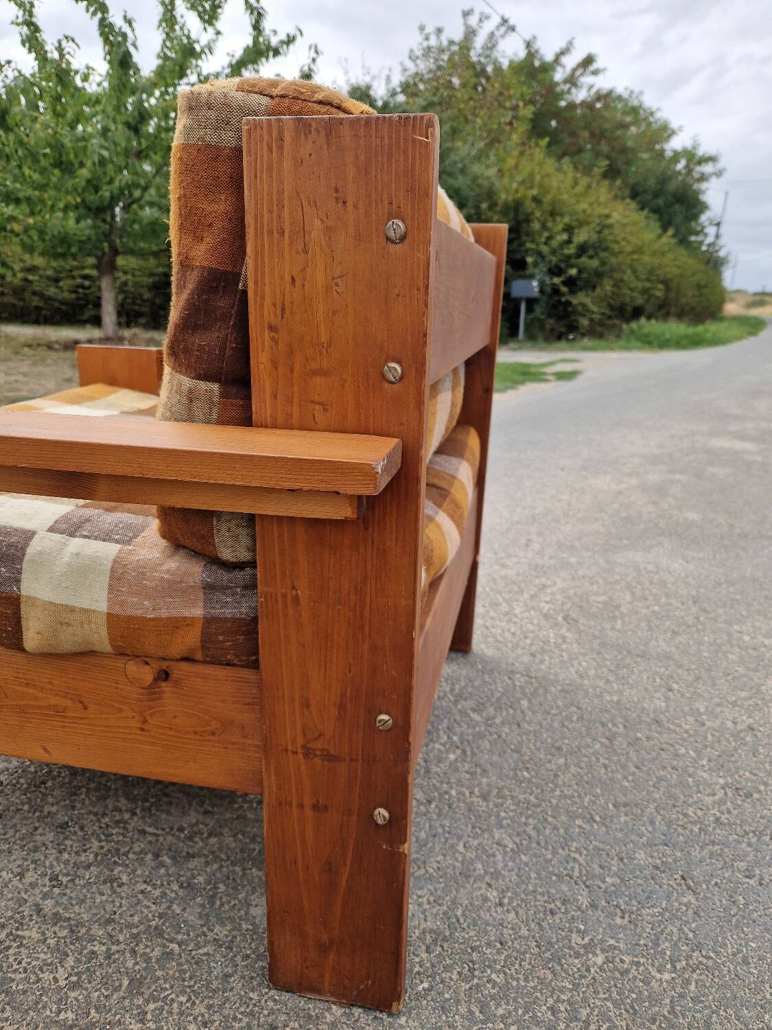 Pair of brutalist pine armchairs circa 1960