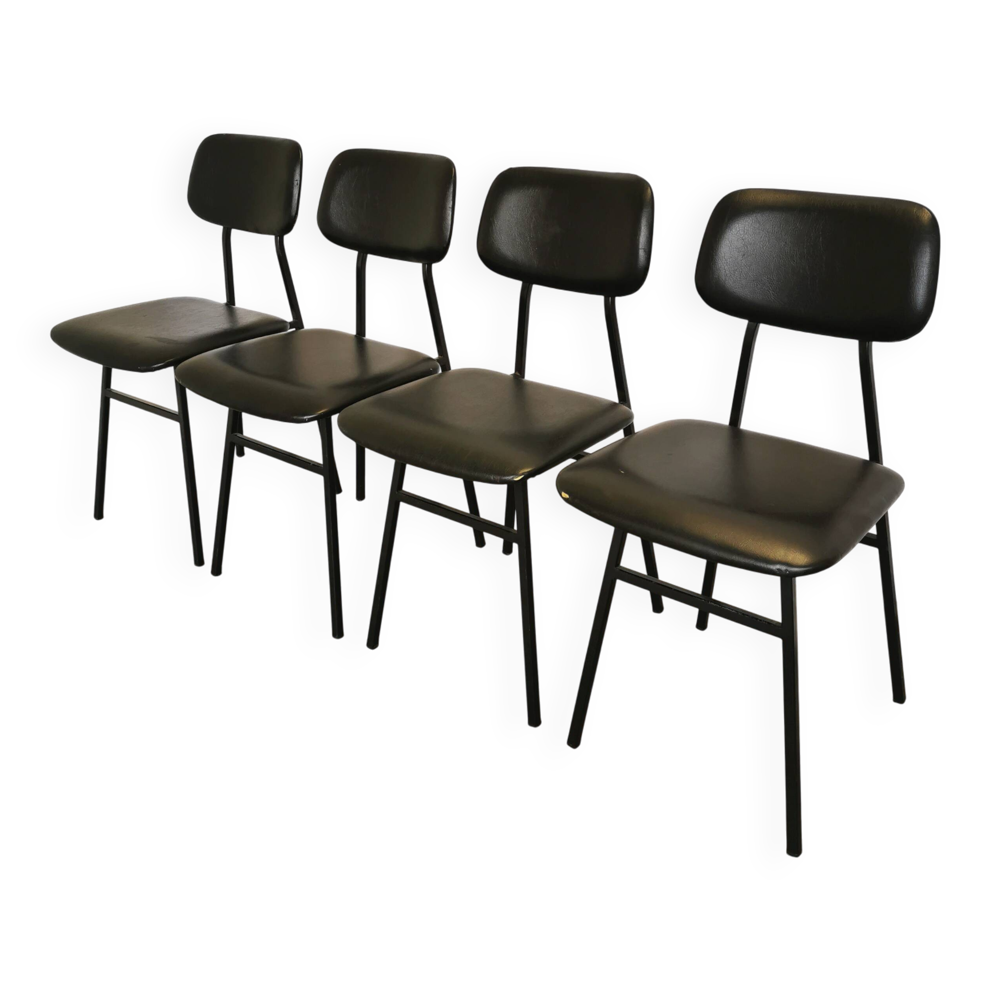SET of 4 Vintage School Chairs /Black Leather / STOL Kamnik 80s Yugoslavia