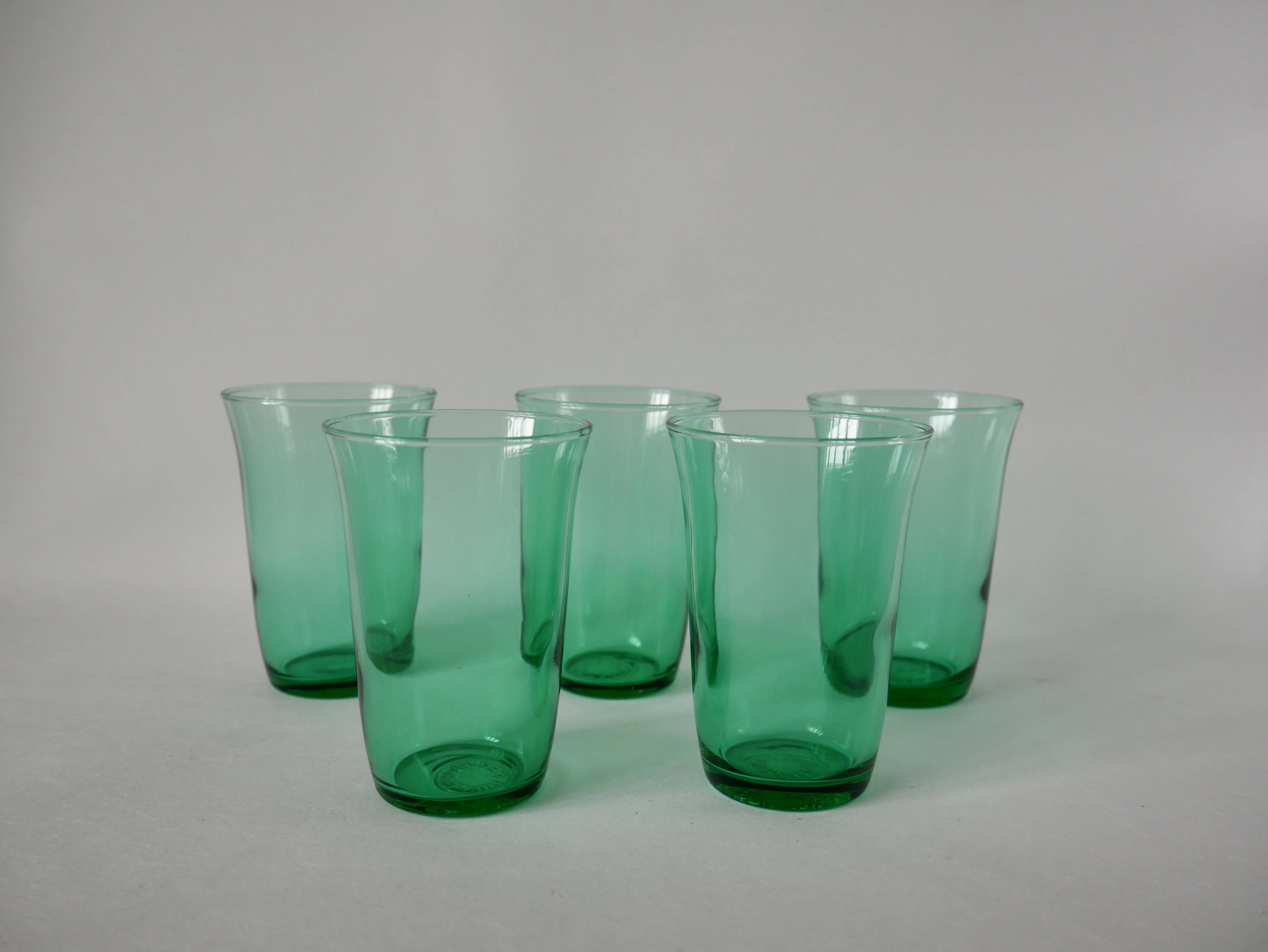 set of 5 green glass water glasses made in France 70s