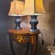 Paire lampes chevet ceramique bleu marine abat jour style lin legere traces