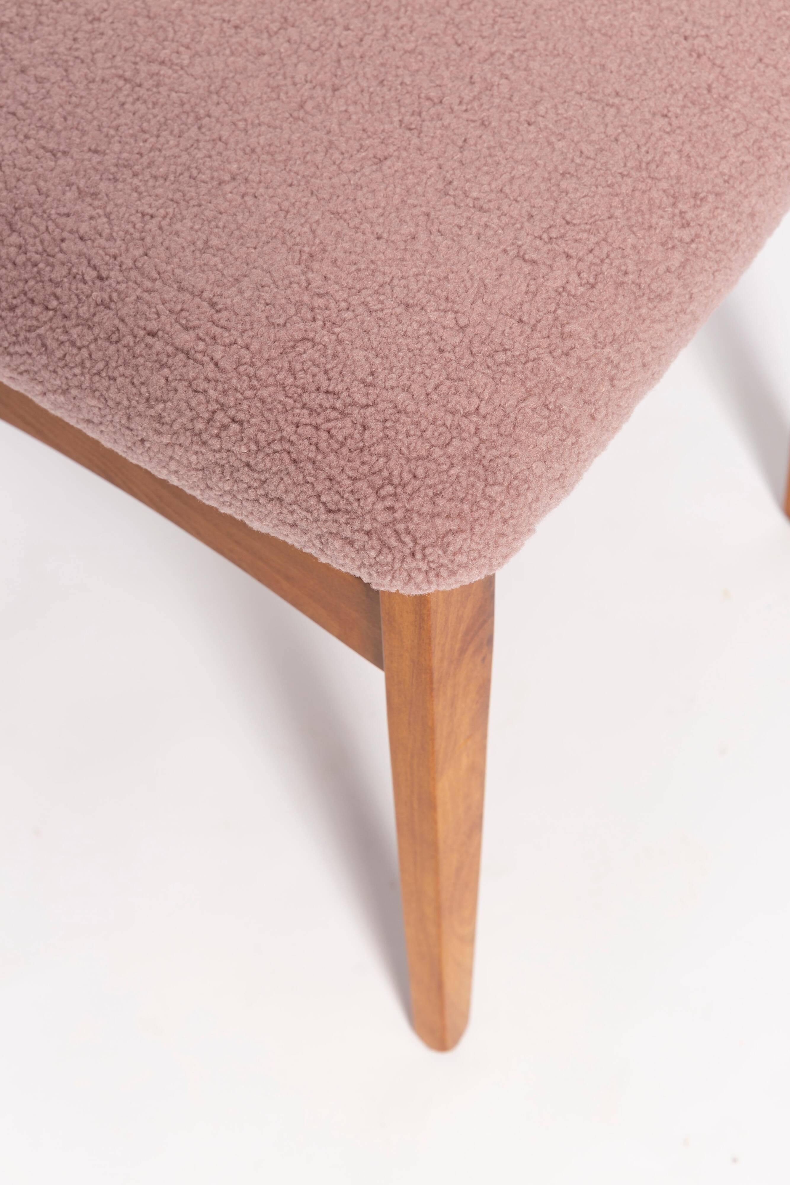 Blush pink bouclé chair mid-century in light wood by M. Zielinski, Europe, 1960s