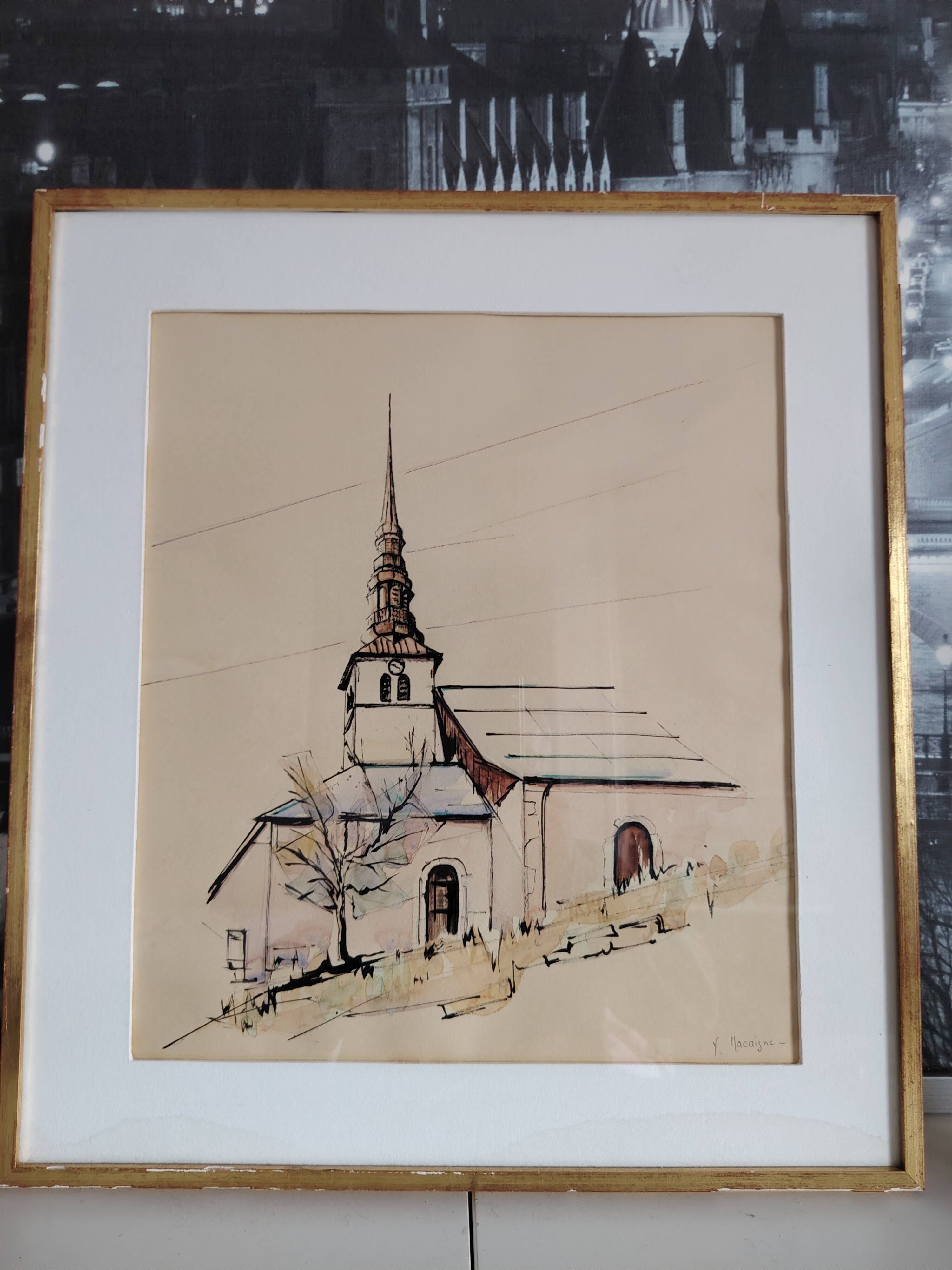Tableau - aquarelle petite église - signé y.macaigne