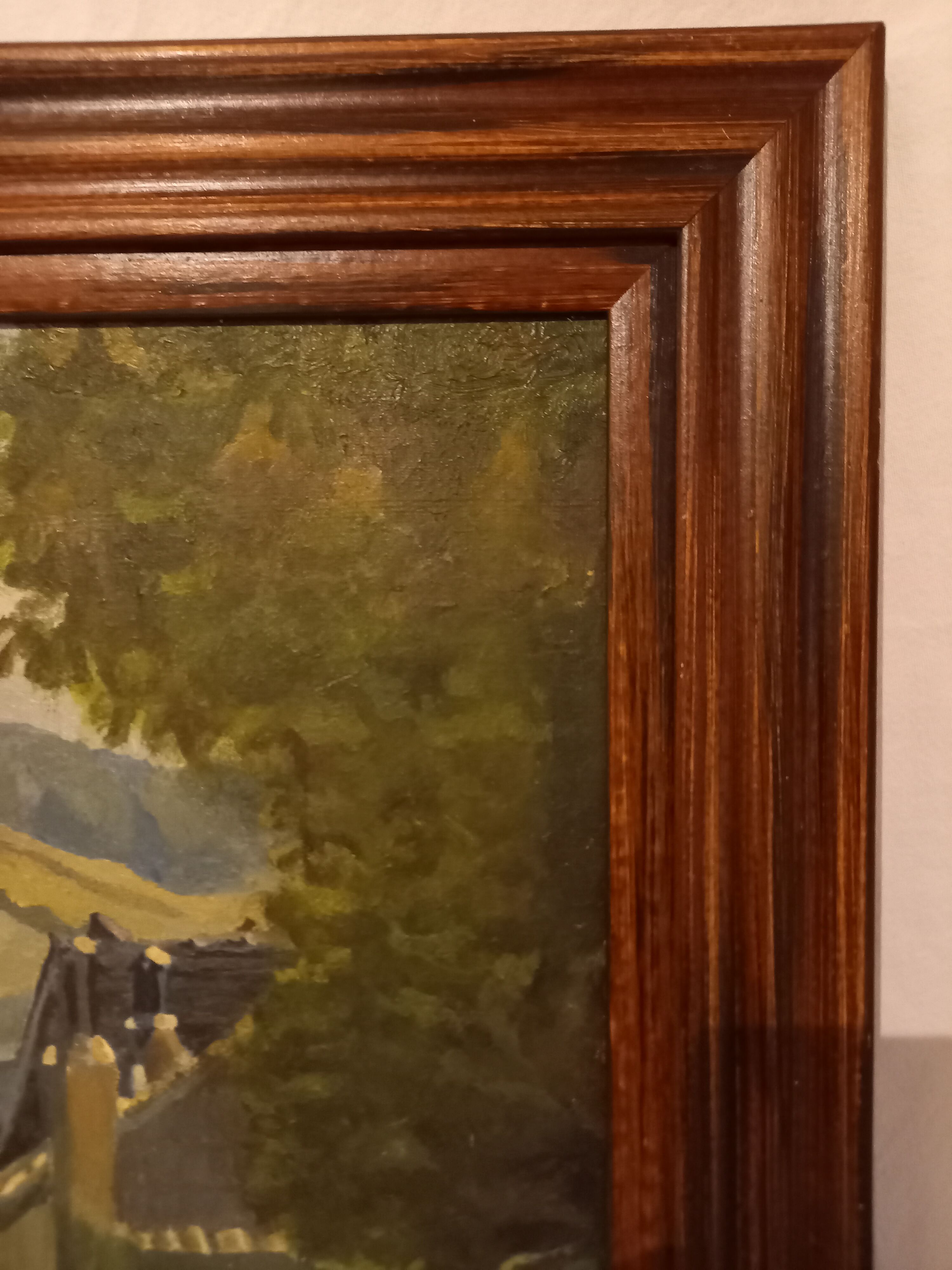 Old painting, oil on canvas, mountain landscape, early twentieth century