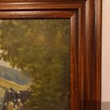 Old painting, oil on canvas, mountain landscape, early twentieth century