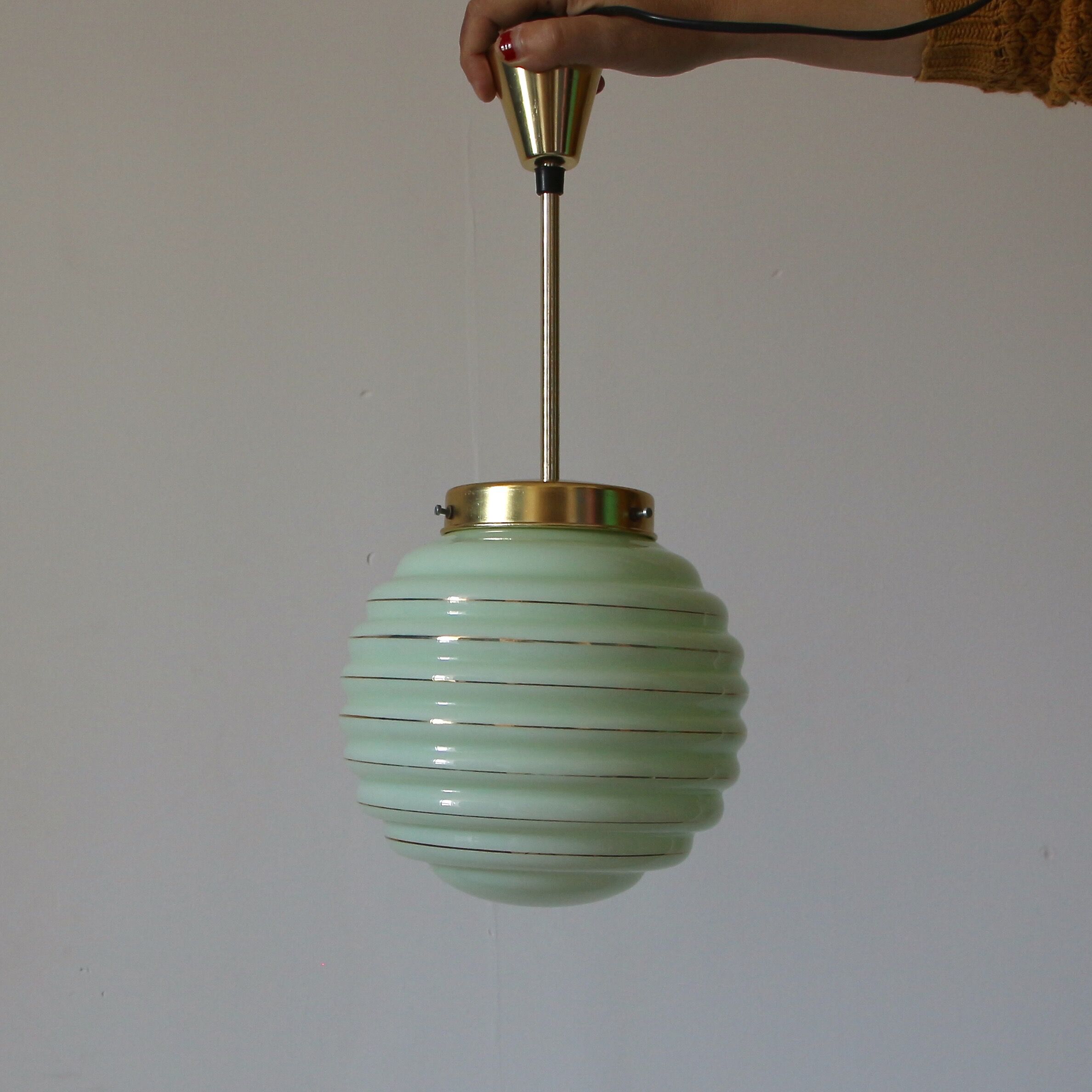 Pale green and golden opaline pendant lamp
