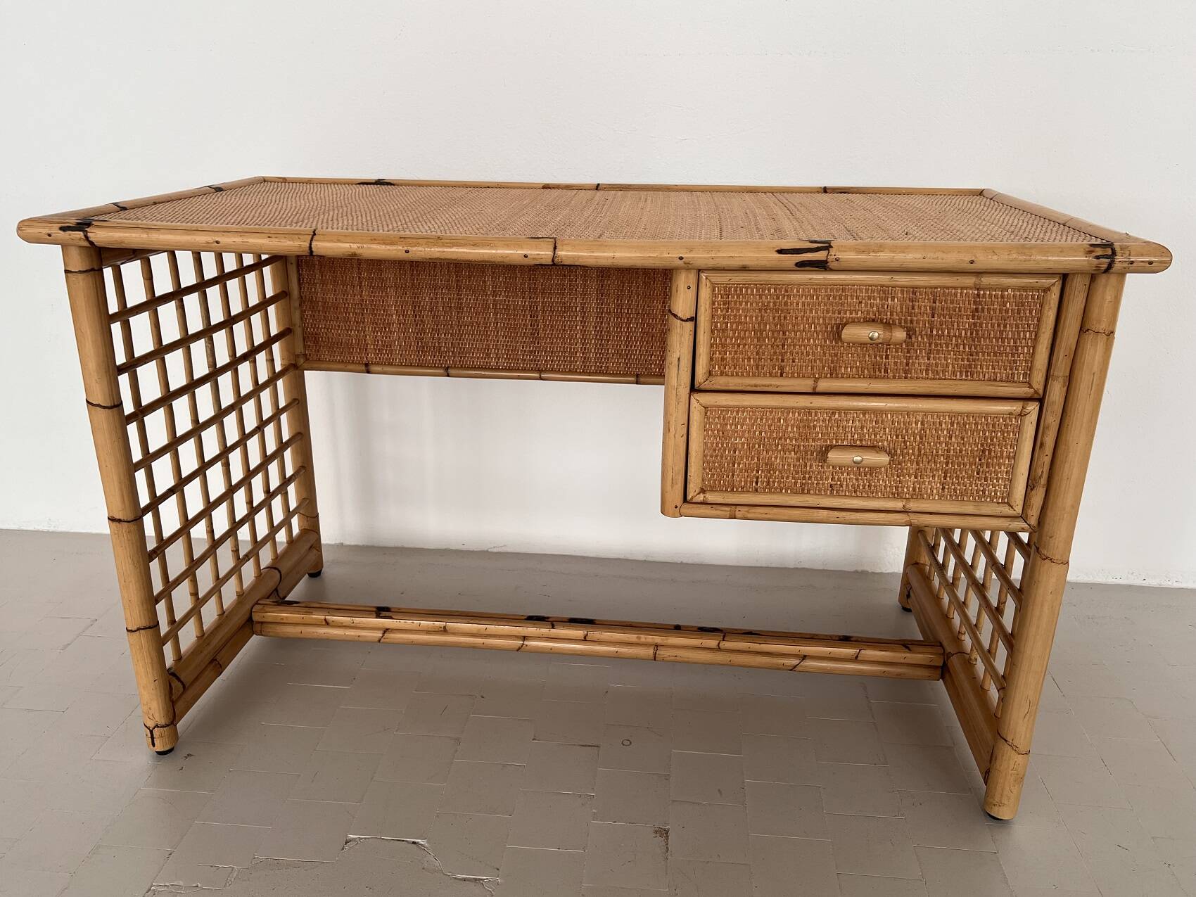 Italian Bamboo and Rattan Desk or Vanity with two Drawers, 1970s