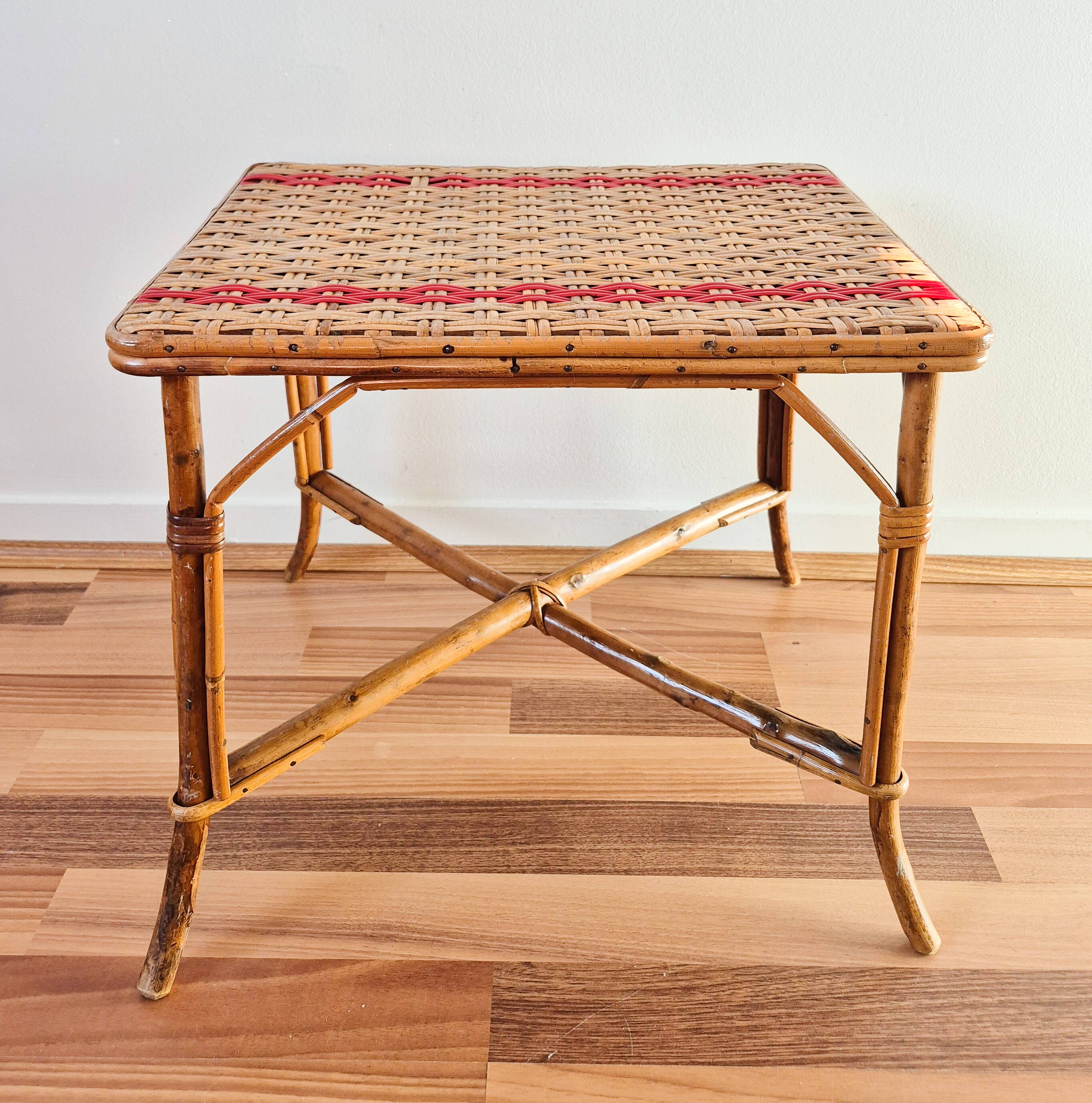 Rectangular rattan table for children, French vintage, side table.