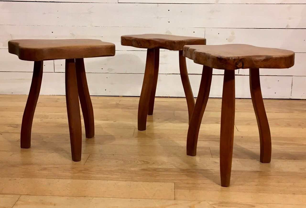Brutalist tripod stools in solid elm, France 1960