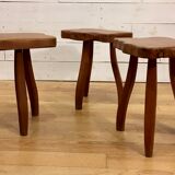 Brutalist tripod stools in solid elm, France 1960
