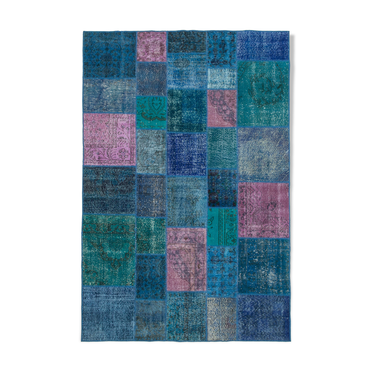 Handwoven oriental overdyed 203 cm x 300 cm blue patchwork carpet