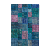 Handwoven oriental overdyed 203 cm x 300 cm blue patchwork carpet