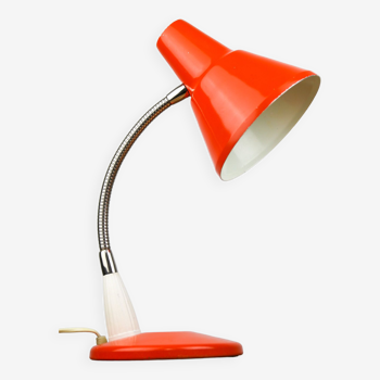 Lampe de bureau réglable en métal peint orange et bras spiral chromé, années 1970