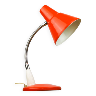 Lampe de bureau réglable en métal peint orange et bras spiral chromé, années 1970